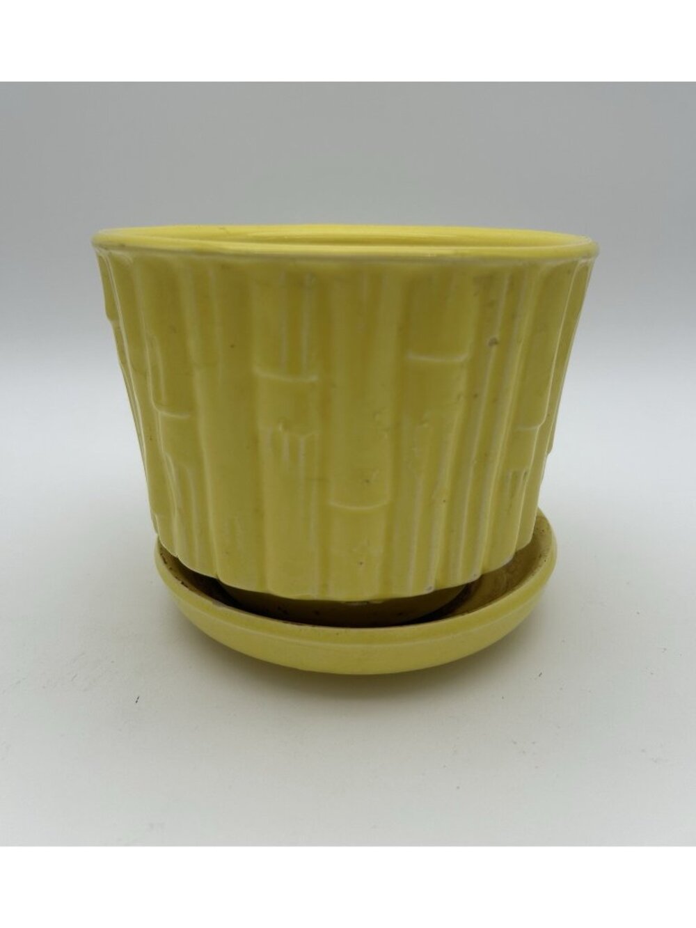 McCoy Pottery 0373 Yellow Bamboo Planter w/Attached Saucer and Drain Hole- 4.5"